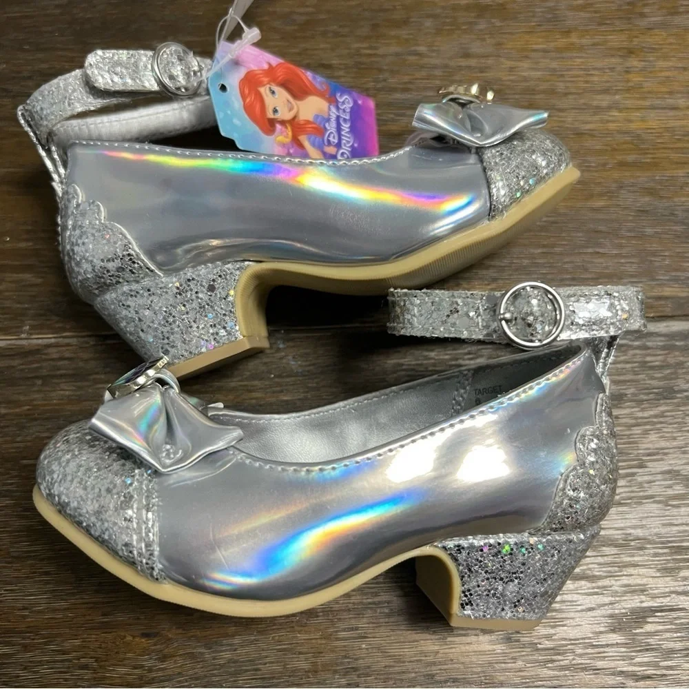 Girls Disney Princess Ariel Ballet Shoes Silver Glitter Heels Size 6